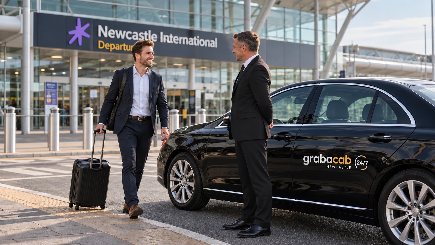 Business traveller meeting a Grab A Cab driver beside a closed executive car at Newcastle Airport
