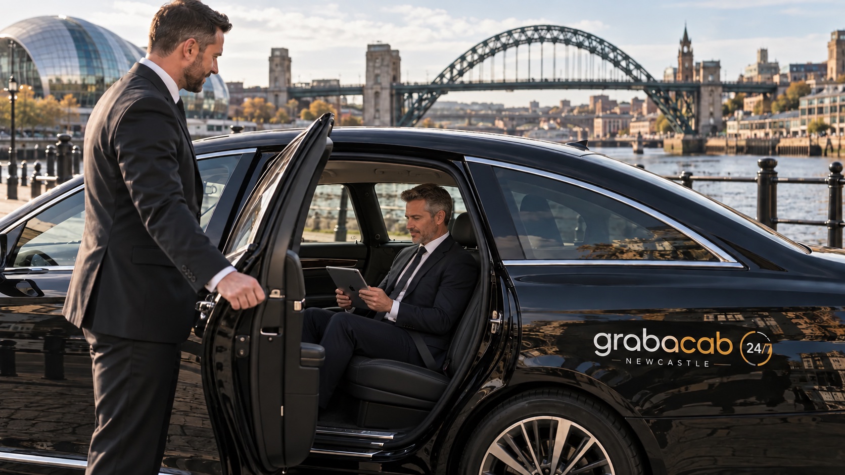 Executive passenger seated forward in a Grab A Cab vehicle on Newcastle Quayside